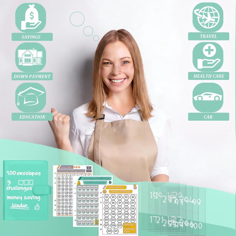 Antner 100 Envelopes Money Saving Challenge Binder, Savings Challenges Book with Envelopes & Challenge Trackers to Save $5,050 and $500 and $10,000, A5 Budget Binder Money Saving Book, Light Green - Image 2